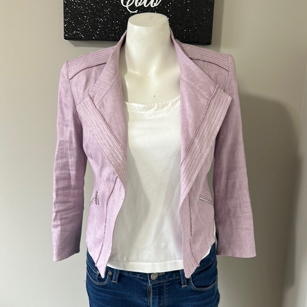 White House Black Market Bracelet Sleeve Linen Moto Jacket Purple Sz 00 - Picture 3 of 13